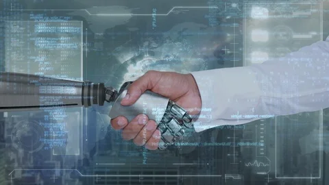 Robotic hand and human hand Stock Footage 107684697