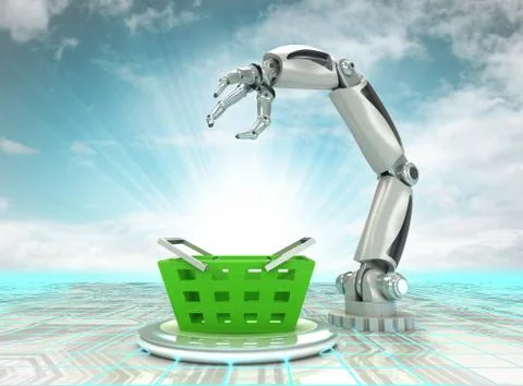 Robotic hand automatic shopping in trade business with cloudy sky Ilustración de archivo