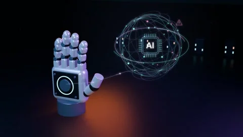 Robotic hand beneath a glowing AI globe and circuit network Stock Footage 346168533