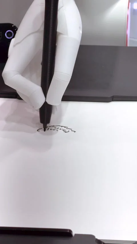 Robotic hand carefully draws human portrait with a pen. robot artist Stock Footage 324688104
