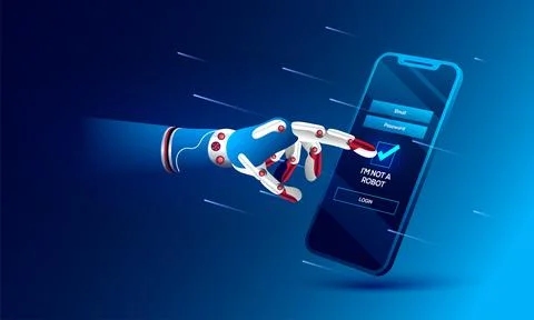 Robotic hand clicking on captcha 'I am not a Robot'. Artificial intelligenc.. Illustrazione stock