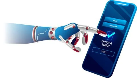 Robotic hand clicking on captcha 'I am not a Robot'. Artificial intelligenc.. Stock Illustration