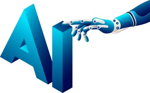 Robotic hand clicking, isometric text AI element. Stock Illustration