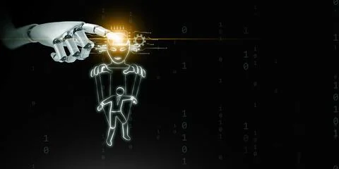 Robotic hand controls AI manipulating a human worker like a puppet. This re.. 스톡 일러스트