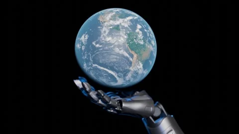 A robotic hand cradles a globe, symbolizing tech progress and care Stock Footage 282481782