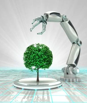 Robotic hand creation of new kind of tree render illustration Illustrazione stock