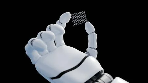 A robotic hand delicately holding a square of ultra-fine stainless steel mesh Stock Illustration