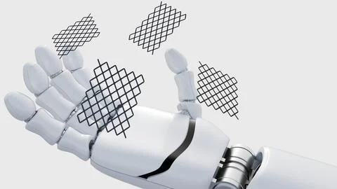 A robotic hand delicately holding a square of ultra-fine stainless steel mesh Stock Illustration