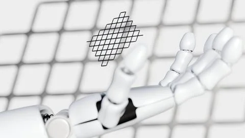 A robotic hand delicately holding a square of ultra-fine stainless steel mesh Stock Illustration