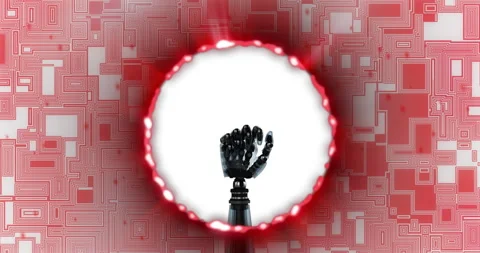 Robotic hand in fist gesture over red circuit pattern animation Stock Footage 307736631