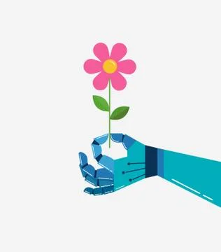 Robotic hand with a flower, vector background Stock Illustration