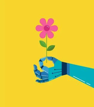 Robotic hand with a flower, vector background Stock Illustration