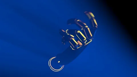 Robotic Hand Gesturing to Come Here in Blue Foggy Background - 3D Animation Video stock 106075901