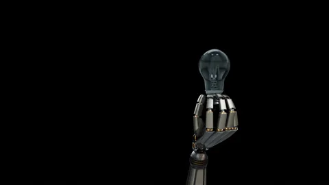 Robotic hand gives light bulb to viewer, symbol of creation idea. 動画素材 99490360