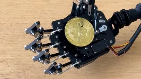 Robotic Hand Grips Bitcoin Symbolizing Future of Finance Stock Footage 306251203
