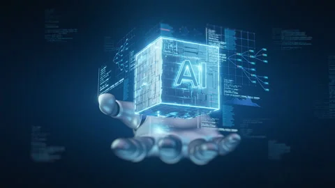 Robotic Hand Holding AI Cube with Digital Data Stock Footage 324716156