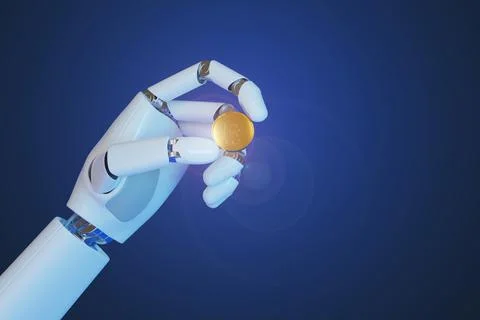 Robotic hand holding an bitcoin with copy space. 3d illustration. Stock Illustration