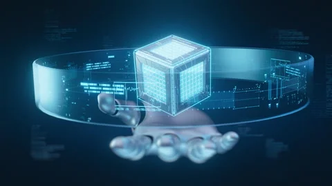 Robotic Hand Holding Glowing Data Cube with Holographic Interface Stock Footage 324716151