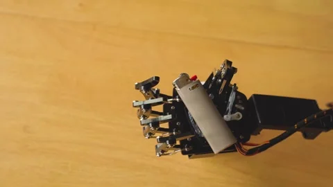 Robotic Hand Holding a Gray Bic L ighter In It's Hand Stock Footage 255167142