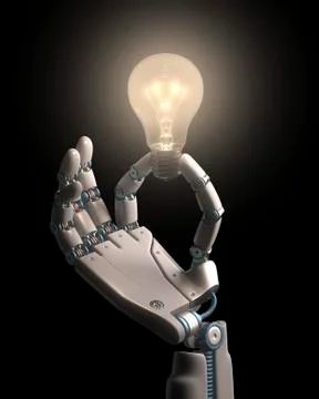 Robotic hand holding a light bulb Illustrazione stock
