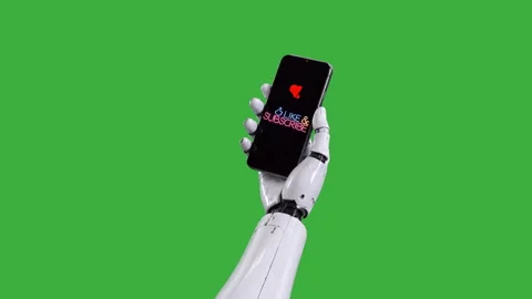 Robotic hand holding smartphone like and subscribe green screen Stock Footage 340482653