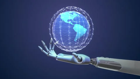 A robotic hand is holding the world with plexus Stock Footage 229373780