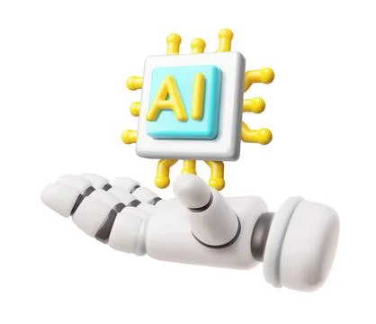 Robotic hand holds microchip 3D vector icon, chatbot assistant, Artificial Stock-Illustration