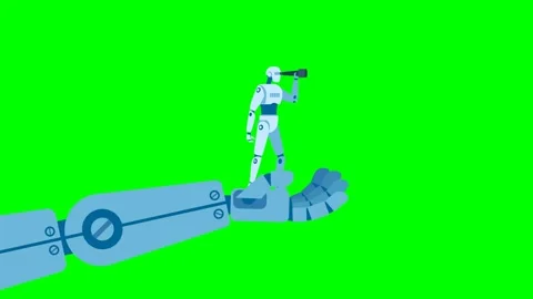 Robotic hand holds a robot looking into a telescope. Self-development of robots Stock Footage 347818586
