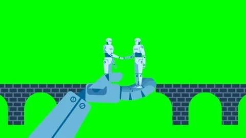 Robotic hand holds two standing robots. Robots shake hands of a bridge Video stock 326095639