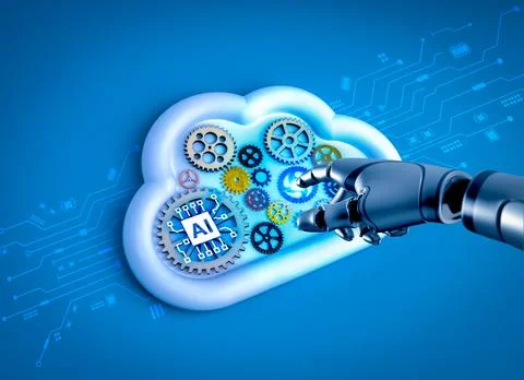 Robotic hand interacting with AI cloud computing system full of gears and c.. Foto stock