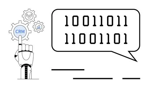 Robotic Hand Interacting with CRM Gear and Binary Code in Speech Bubble 스톡 일러스트