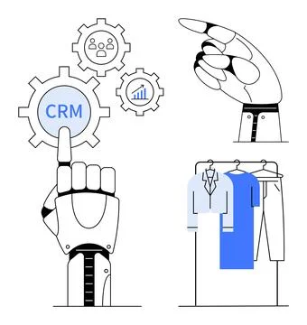 Robotic hand interacting with CRM gears and clothing, symbolizing technolog.. Stock Illustration