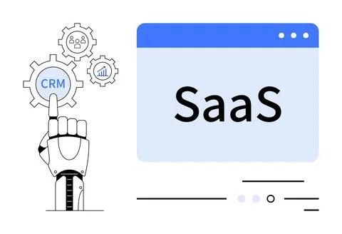 Robotic Hand Interacting with CRM Interface Gears and SaaS Application Window Stock Illustration