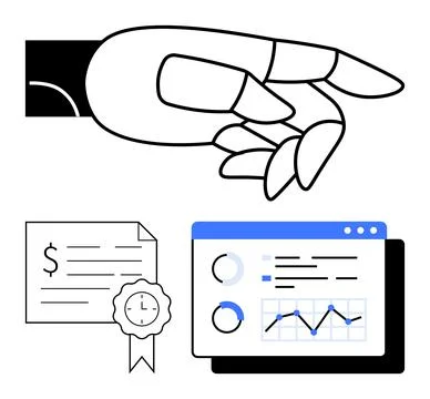 Robotic hand interacting with a financial certificate and data analytics on.. Stock Illustration
