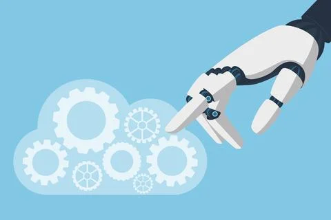 Robotic Hand Interacting with Gears in Cloud Stock Illustration