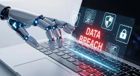 Robotic hand interacting with laptop screen displaying data breach message .. Illustrazione stock