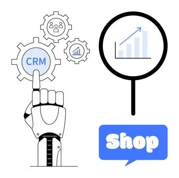 Robotic hand interacts with CRM gears, magnifying glass highlights analytics, Stock Illustration