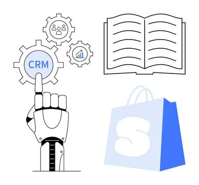 Robotic Hand Interacts with CRM, Open Book, and Shopping Bag Stock Illustration