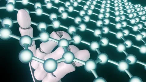 A robotic hand interacts with a hexagonal nanosheet lattice Stock Illustration