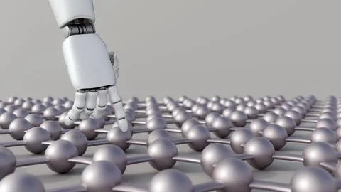 A robotic hand interacts with a hexagonal nanosheet lattice Stock Illustration