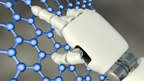 A robotic hand interacts with a hexagonal nanosheet lattice Stock Illustration