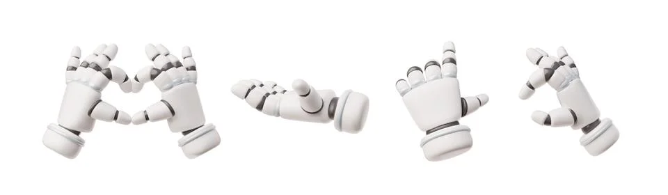 Robotic hand making heart shape, points gesture 3D plastic style vector set, AI Stock Illustration