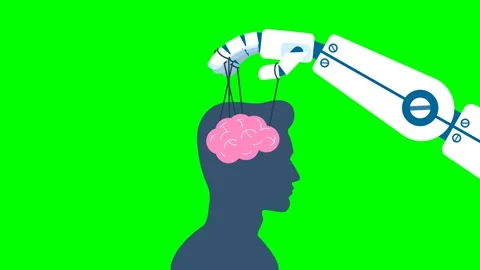 Robotic hand manipulates human brain. AI  controlling silhouette of man's head Stock Footage 283181519
