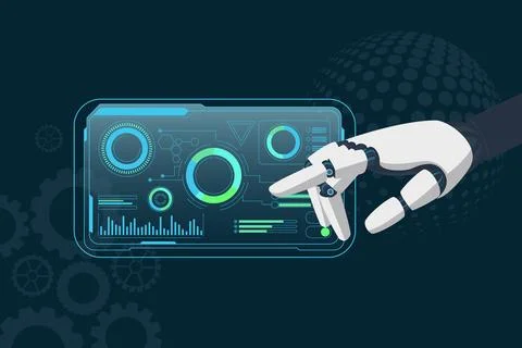 Robotic Hand Operating Futuristic Digital Control Panel Stock Illustration