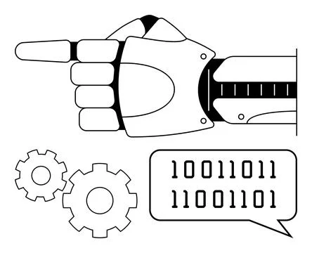 Robotic hand pointing with binary code speech bubble and gears, symbolizing.. Stock Illustration