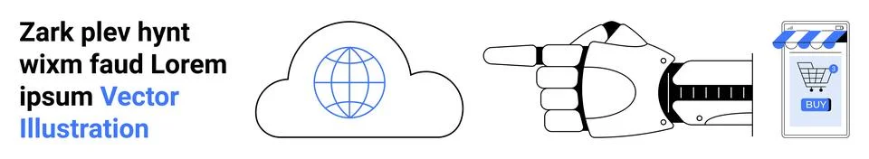 Robotic hand pointing to a cloud with a globe and a shopping cart with a bar  Stock Illustration
