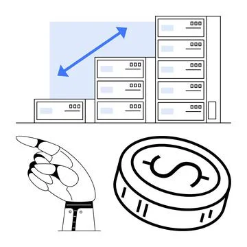 Robotic hand pointing to growing building graph and coin icon representing .. Ilustración de archivo