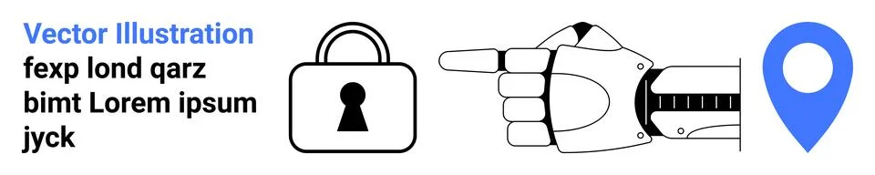 Robotic Hand Pointing to Security Lock and Map Location Icon with Random Text イラスト素材