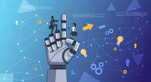 Robotic Hand Pointing with Tech Icons and People Illustrazione stock