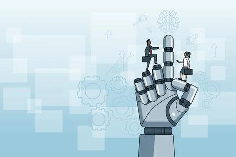 Robotic Hand Pointing with Tech Icons and People Illustrazione stock